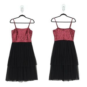 DRESS THE POPULATION Women M Kady Dress Merlot Red Midi Tulle Sequin Dot NEW